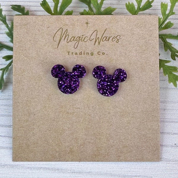 Purple Glitter Stud, Mousehead shaped glitter Post Laser cut Earrings, Pierced Earlobe Stainless Steel Post earrings glitter earrings