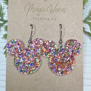 Confetti Glitter Mouse head Dangle Earrings, NEW smaller size available, Laser cut Lightweight Acrylic