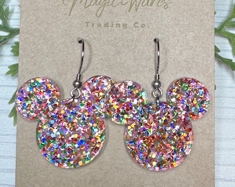 Confetti Glitter Mouse head Dangle Earrings, NEW smaller size available, Laser cut Lightweight Acrylic