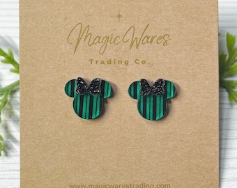 Ghost Host Striped Earrings: Black Glitter Bow, Haunted Mansion Inspired, Clip-ons available