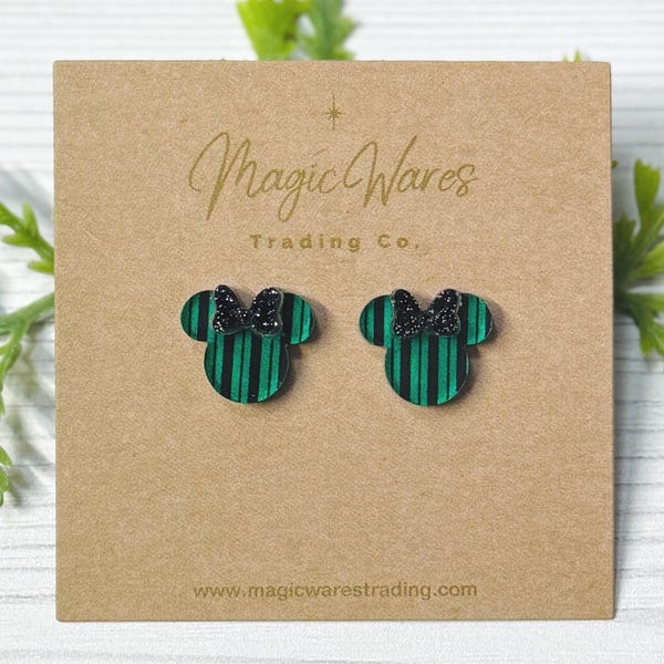 Ghost Host Striped Earrings: Black Glitter Bow, Haunted Mansion Inspired, Clip-ons available