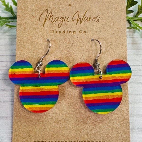 プライドマウスレーザーカットダングルイヤリング、サイズをお選びください、レインボーストライプ柄アクリル、マウスヘッドダングルイヤリング