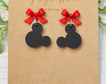 Red Bow and Black Mouse Head Laser cut Dangle Earrings,  Stainless steel post earrings