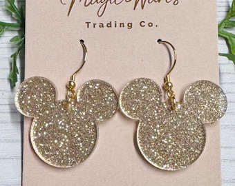 Champagne Gold Glitter Mouse head Dangle Earrings, NEW smaller size available, Laser cut Lightweight Acrylic