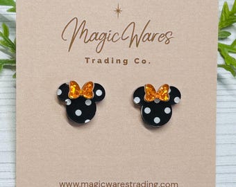 Black Polka Dot Stud with Pumpkin Sparkle Bow Mouse Head Earrings, Clip ons available