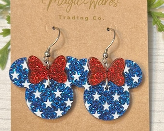 Patriotic Minnie Bow Dangle Earrings, Laser cut Glitter Acrylic Earrings, 4th of July Earrings, Minnie Mouse inspired bow earrings