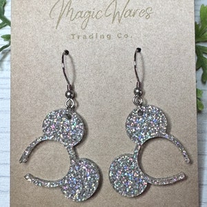 Holographic Glitter Mouse Ears Headband Dangle Earrings, Laser cut Holographic Glitter Acrylic Earrings Made to order