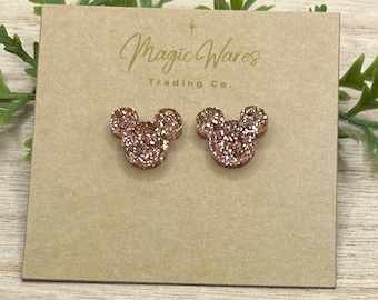 Rose Gold Glitter Mouse Head Studs, Stainless Steel Posts, Clip-ons available