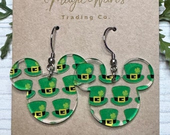 Leprechaun Mouse, Mouse head shaped Laser cut Leprechaun Hats Patterned Crystal Acrylic Earrings, St. Patricks Day earrings