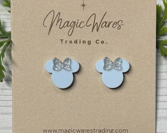 Cinderella Blue Mouse Stud Earrings, Diamond Silver Glitter Bow, Clip-ons available