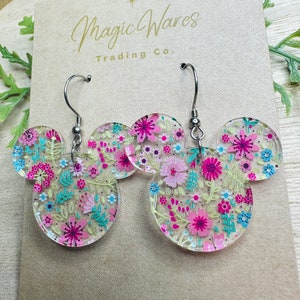 Spring Floral Mouse, Laser Cut, Floral patterned Crystal Acrylic Earrings, Dangle Earrings, Made to order, Glowforge Earrings image 3