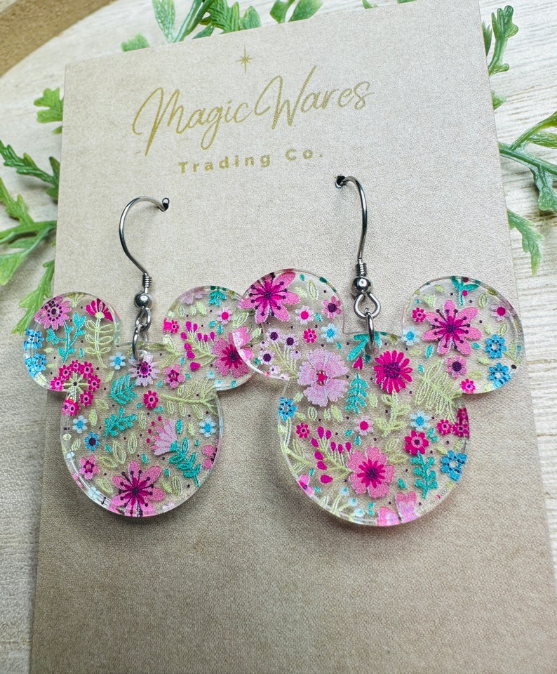 Spring Floral Mouse, Laser Cut, Floral patterned Crystal Acrylic Earrings, Dangle Earrings, Made to order, Glowforge Earrings image 3