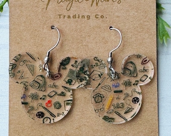 Back to School Mouse head Laser cut School Patterned Crystal Acrylic Earrings Back to school earrings gift for teacher