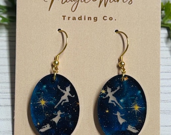 Neverland Night Sky Oval Dangle Earrings: Engraved Acrylic, Surgical Steel hooks