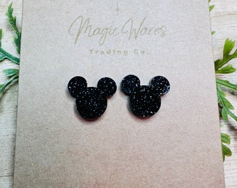 Black Glitter Mouse Head Studs, Stainless Steel Posts, Clip-ons available
