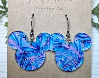 Preppy Blue Tropical Mouse head Laser cut Crystal Acrylic Earrings, Lilly inspired Pink and Blue Tropical Acrylic earrings lightweight