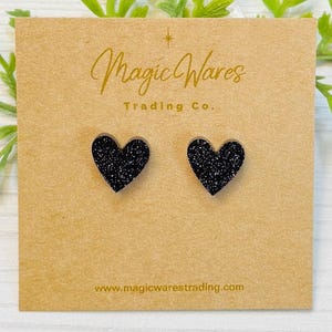 Orecchini a bottone con cuore glitterato nero, orecchini a perno con glitter nero tagliato al laser, orecchini con lobo forato glitterato per San Valentino ipoallergenici