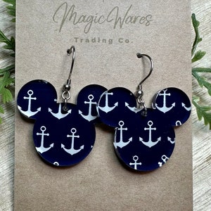 Let&#39;s Cruise, Mouse head shaped dangle earrings, Laser cut Navy with White Anchors Patterned Crystal Acrylic Earrings, Made to order