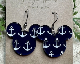Let's Cruise Mouse head dangle earrings, Laser cut Navy with White Anchors Patterned Acrylic