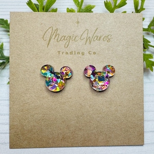 Flake Confetti Glitter Mouse Stud Earrings Multi Color Glitter, Laser Cut Acrylic, Clip-ons available