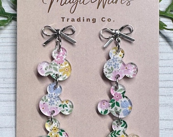 Fairy Glitter Floral Mouse Gems Dangle Earrings: Silver Stainless Steel Bow Studs