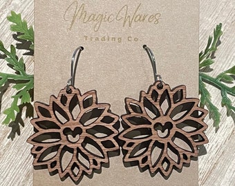 Sunflower Dangle Earrings, Laser cut Sapele Hardwood Dangle Earrings, Laser cut wood earrings Gift for Mom Summer earrings Flower earrings