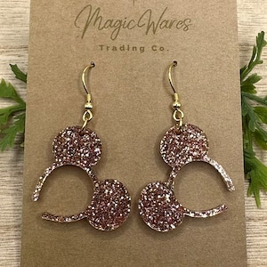 Rose Gold Glitter, Mouse ears headband, Laser cut Rose Gold Glitter Acrylic Earrings, Made to order, Glowforge Earrings