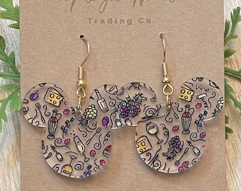 Food and Wine Mouse head Dangle Earrings: Laser Cut Acrylic, Stainless Steel hooks