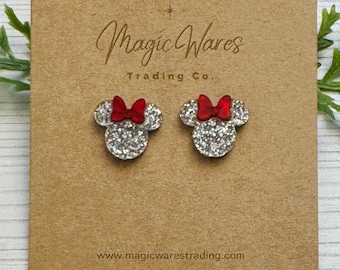 Silver Glitter Mouse Studs with Red Marble Bow, Clip ons available