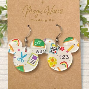 School Days Mouse head Laser cut School icons Patterned Crystal Acrylic Earrings, Back to school earrings, gift for teacher appreciation