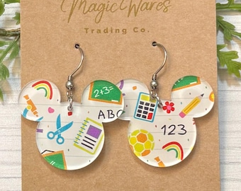 School Days Mouse head Laser cut School icons Patterned Crystal Acrylic Earrings, Back to school earrings, gift for teacher appreciation