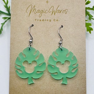 Tropical Monstera Mouse, Laser Cut Light Green Matte Acrylic Earrings, Monstera Leaf  Dangle Earrings Polynesian Earrings