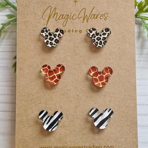 Animal Kingdom Mouse Stud Trio, Small stud Earrings Animal Print Laser Cut Crystal Acrylic, Lightweight Hypoallergenic Post Earrings