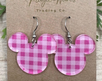 Pink Gingham Mouse head Dangles, Laser cut Acrylic Earrings, Valentines earrings