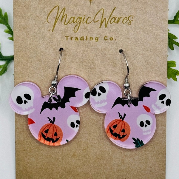 Pink Halloween Mouse Laser cut Dangle Earrings, Pink Crystal Acrylic Earrings, Halloween earrings, Not so scary Halloween Party earrings