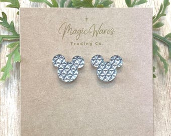 Spaceship Earth Mouse Stud Earrings, Stainless Steel Post earrings, clip-ons available