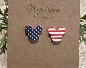 USA Mouse Stud, Laser Cut Stars and Stripes Pattern on White Acrylic, Stainless Steel posts, Pierced Earlobe earrings