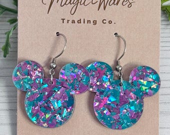 Monsters Glitter Mouse head Dangle Earrings, NEW smaller size available, Laser cut Lightweight Acrylic, Sully inspired, Stitch inspired