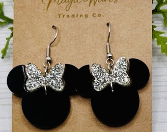 Platinum Glitter Minnie, Silver Glitter Bow Dangle, Laser cut Black Acrylic Earrings, handmade earrings, 100 year anniversary
