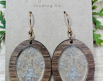 Cinderella Castle, Oval Laser Cut Walnut and Engraved Acrylic Dangle Earrings, Magic Kingdom inspired Cinderella Castle Earrings