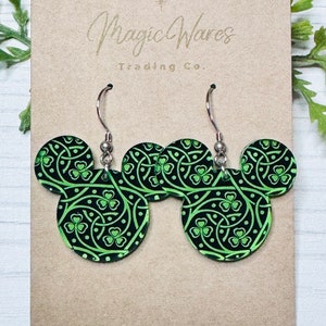 Celtic Shamrocks Mouse, Mouse head Laser cut Dark Celtic Shamrocks pattern Patterned Crystal Acrylic Earrings, St. Patricks Day earrings