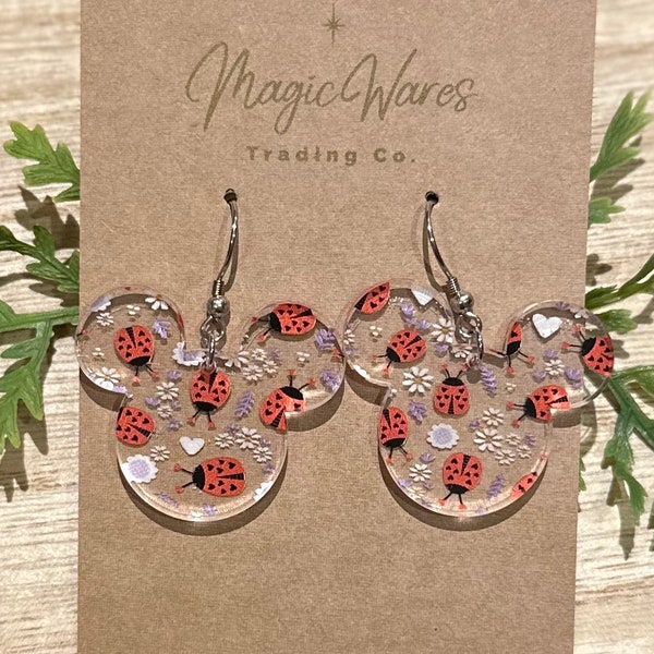 Love Bug, Mouse head Laser cut earrings, Hearts, Flowers and Lady Bug Patterned Crystal Acrylic Dangle Earrings, Valentines earrings