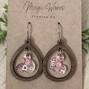 Pink Floral Mouse Gem, Dangle Earring, Laser Cut Wood Dangle Earrings, Acrylic Gem Dangle, Made to order, Glowforge laser cut