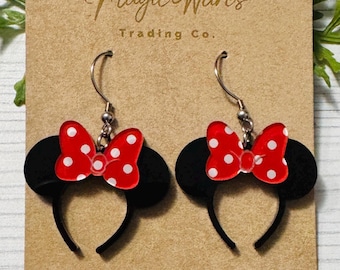 Classic Minnie Ears Dangle Earrings, Red Polka Dot Bow