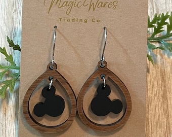 Classic Mouse Gem, Dangle Earring, Laser Cut Wood Earrings, Acrylic Gem Dangle, Made to order, Glowforge laser cut