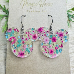 Spring Floral Mouse, Laser Cut, Floral patterned Crystal Acrylic Earrings, Dangle Earrings, Made to order, Glowforge Earrings image 2