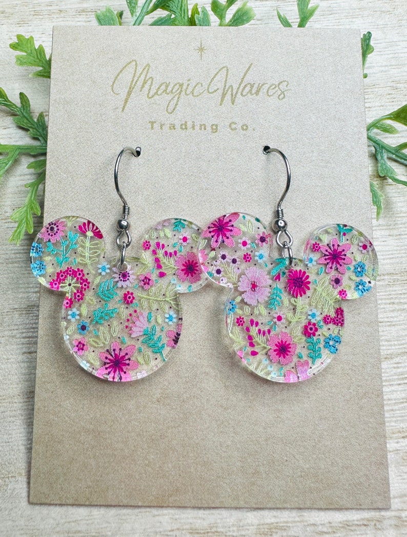 Spring Floral Mouse, Laser Cut, Floral patterned Crystal Acrylic Earrings, Dangle Earrings, Made to order, Glowforge Earrings image 2