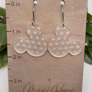 Spaceship Earth, Engraved Crystal Acrylic Earrings, Made to order, Laser Engraved, Glowforge Earrings, Epcot inspired