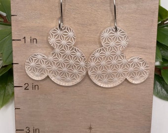 Engraved Spaceship Earth Acrylic Mouse Earrings, Epcot Inspired