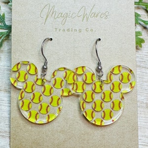Softball Mouse, Mouse head shaped Dangle Earrings,  Laser cut Softball Patterned Crystal Acrylic, Handmade earrings, Sports Earrings